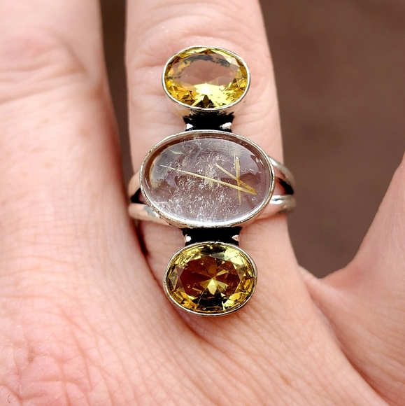 New Golden Rutile and Citrine 925 Silver Ring. - Picture 10 of 16